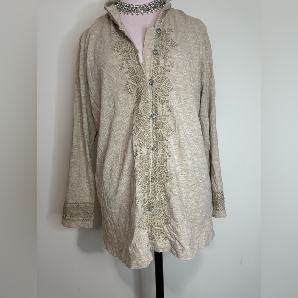 J.Jill Women's Beige Embroidered blouse with mandarin collar in size XLP